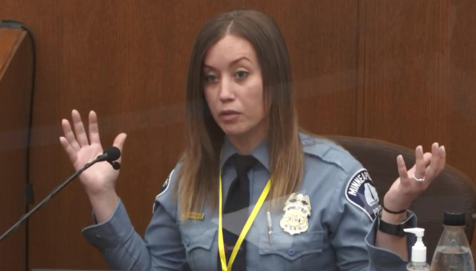 In this image from video, witness Minneapolis Police Officer Nicole Mackenzie testifies as Hennepin County Judge Peter Cahill presides Tuesday, April 6, 2021, in the trial of former Minneapolis police Officer Derek Chauvin at the Hennepin County Courthouse in Minneapolis. Chauvin is charged in the May 25, 2020 death of George Floyd. (Court TV via AP, Pool)