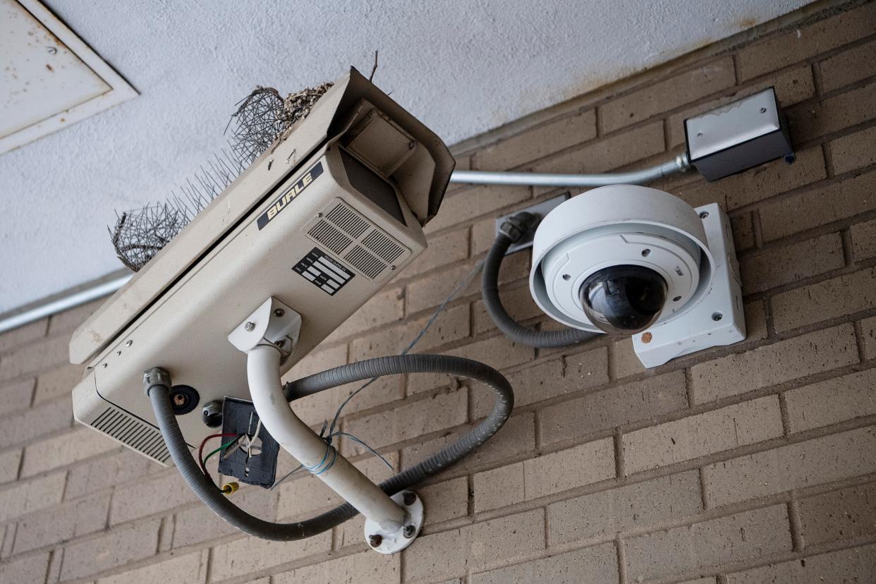 A surveillance camera in the intake area of the Buncombe County Detention Facility December 2, 2021.