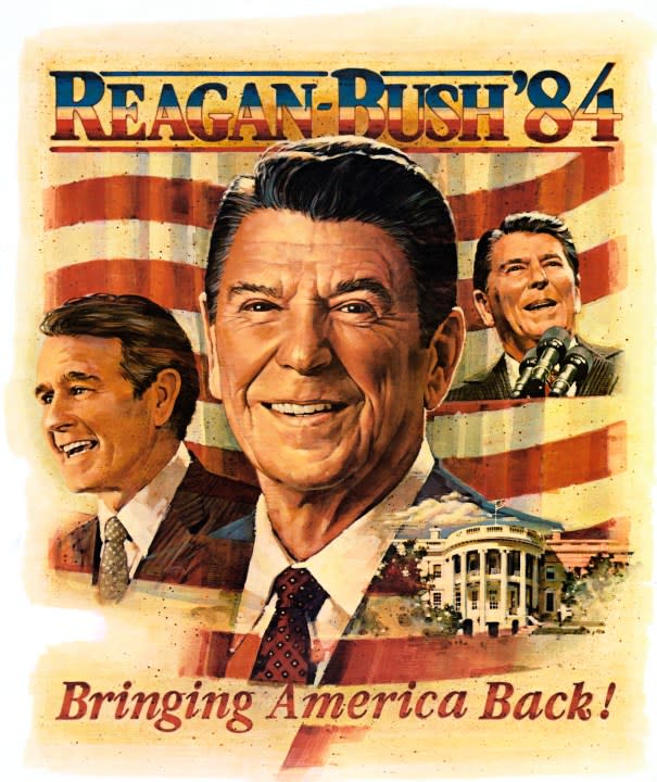 Reagan-Bush ’84, Bringing America Back! presidential campaign poster, 1984, lithograph, private collection. (Photo by VCG Wilson/Corbis via Getty Images)