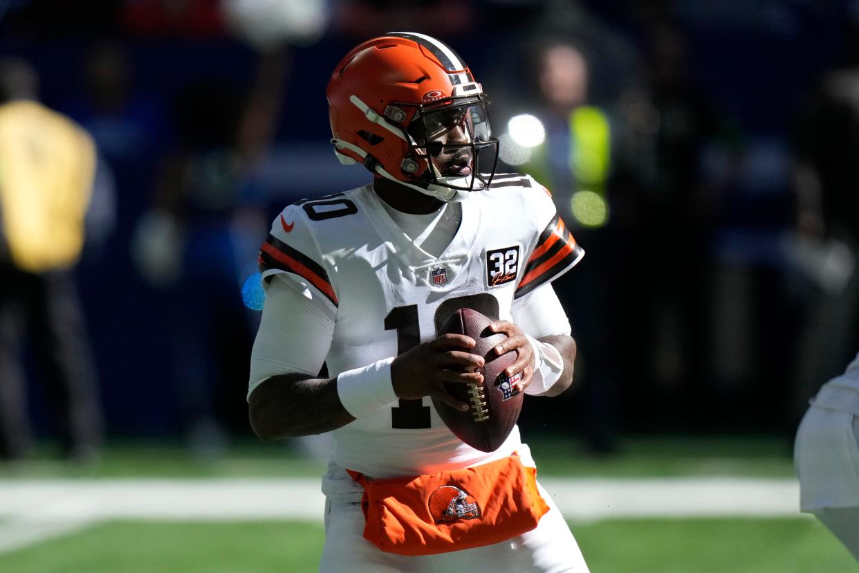 Browns quarterback PJ Walker looks to pass, Sunday, Oct. 22, 2023, in Indianapolis.