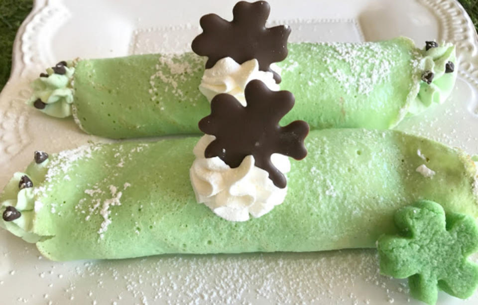 <p>Purple Chocolat Home</p><p><strong>Get the recipe here: <a href="https://www.purplechocolathome.com/2018/03/shamrock-crepes.html" rel="nofollow noopener" target="_blank" data-ylk="slk:Shamrock Crepes;elm:context_link;itc:0;sec:content-canvas" class="link ">Shamrock Crepes</a></strong></p>