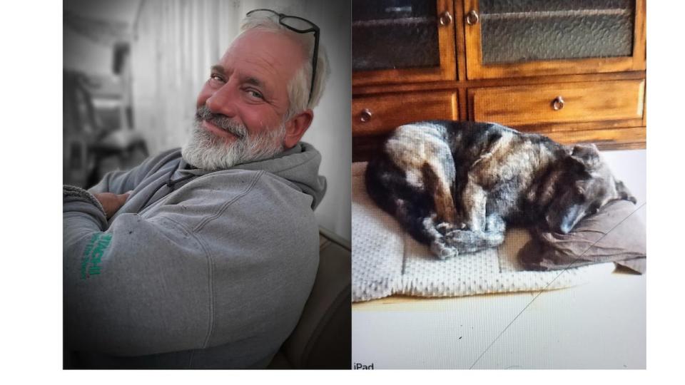 RCMP have released a photo of Mark Hoffman of Kamloops, B.C., and his dog in the hope that people will come forward with information. (RCMP - image credit)