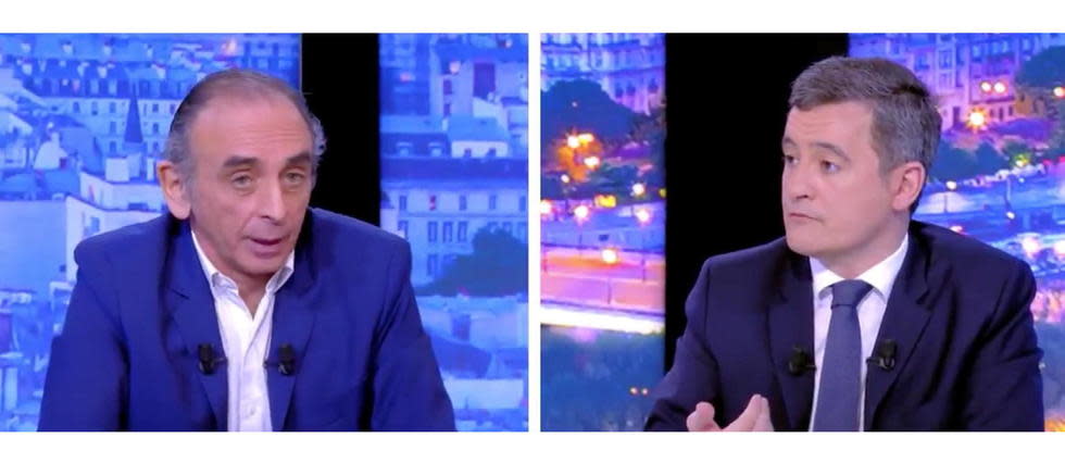 Éric Zemmour débat avec le ministre de l'Intérieur Gérald Darmanin sur le plateau de l'émission « Zemmour et Naulleau », diffusée sur Paris Première, mercredi 24 février. 
