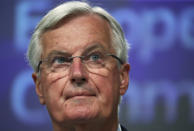 European Union's chief Brexit negotiator Michel Barnier gives a news conference after Brexit talks, in Brussels, Belgium, Friday, June 5, 2020. (Yves Herman, Pool Photo via AP)