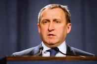 Ukraine Foreign Minister Andrii Deshchytsia speaks during a press conference in Geneva, on April 17, 2014