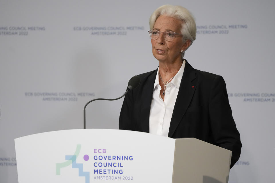 Christine Lagarde, European Central Bank President explains the Governing Council's monetary policy decisions during a press conference in Amsterdam, Netherlands, Thursday, June 9, 2022. The European Central Bank said it would carry out its first interest rate increase in 11 years in July, followed by another hike in September. The bank made the surprise move Thursday, saying that inflation had become a "major challenge" and that inflationary forces had "broadened and intensified." (AP Photo/Peter Dejong)