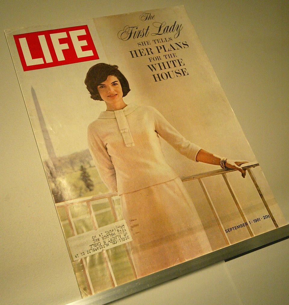 Life magazine cover featuring Jacqueline Kennedy in an elegant skirt and blouse, with the headline "The First Lady Tells Her Plans for the White House," September 1961