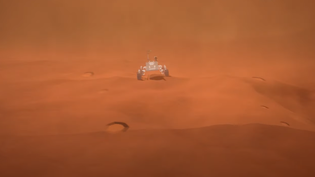  illustration of rover on the surface of mars with very dusty sky in background 