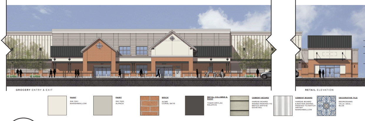 A rendering shows the proposed big-box grocery store planned for the intersection of Taylorsville and Tucker Station roads.