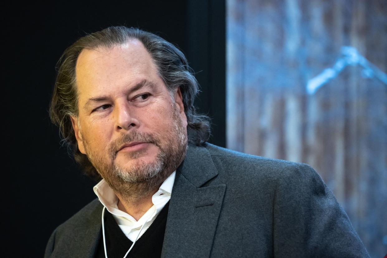 Co-founder, chairman and CEO of software company Salesforce Marc Benioff attends a session at the Congress centre during the World Economic Forum (WEF) annual meeting in Davos on January 17, 2023.