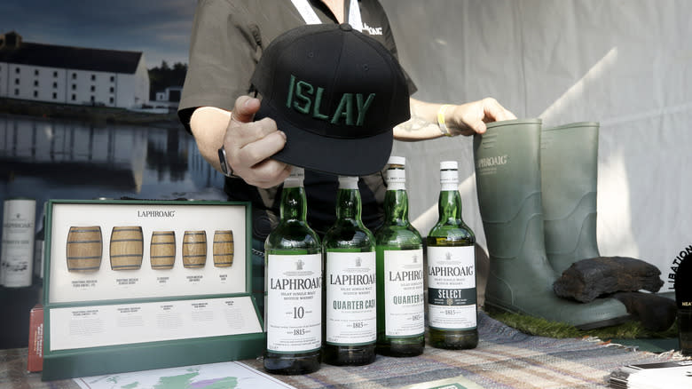 Laphroaig promotion stand with bottles
