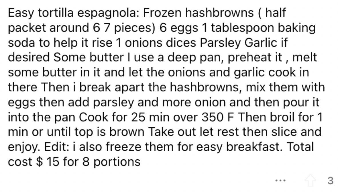 Reddit screenshot about easy tortilla espagnola.