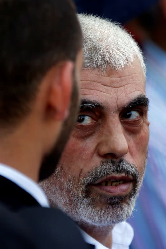 FILE PHOTO: Hamas Gaza Chief Yehya Al-Sinwar looks on as he takes part in a protest against Bahrain's workshop for U.S. Middle East peace plan, in Gaza City