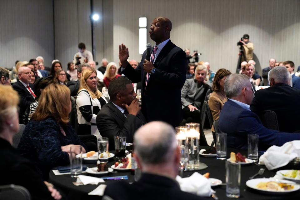 Sen. Tim Scott, R-S.C. speaks during the Republican Party of Polk County Lincoln Dinner, Wednesday, Feb. 22, 2023, in West Des Moines, Iowa. (AP Photo/Charlie Neibergall) ORG XMIT: IACN118