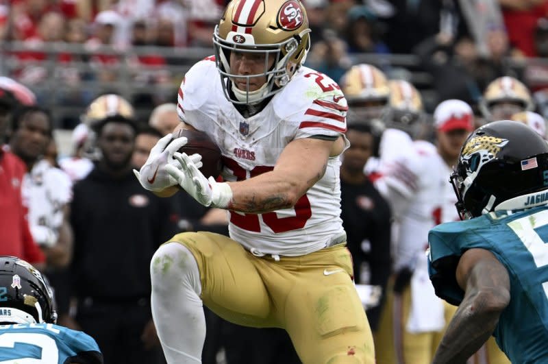 San Francisco 49ers running back Christian McCaffrey runs against the Jacksonville Jaguars on Sunday at EverBank Stadium in Jacksonville, Fla. Photo by Joe Marino/UPI