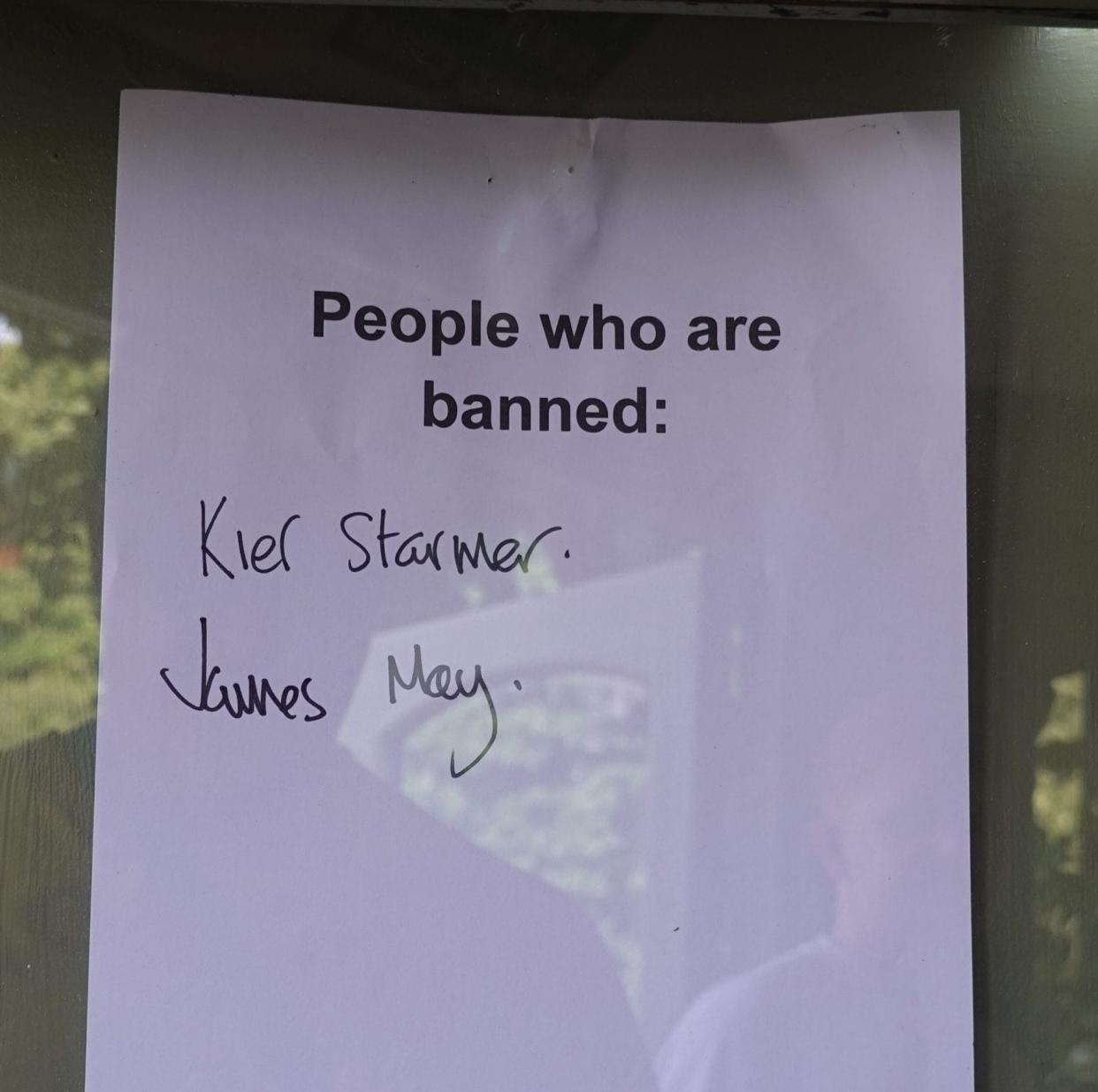 A list of people 'banned' from the pub includes Keir Starmer and James May