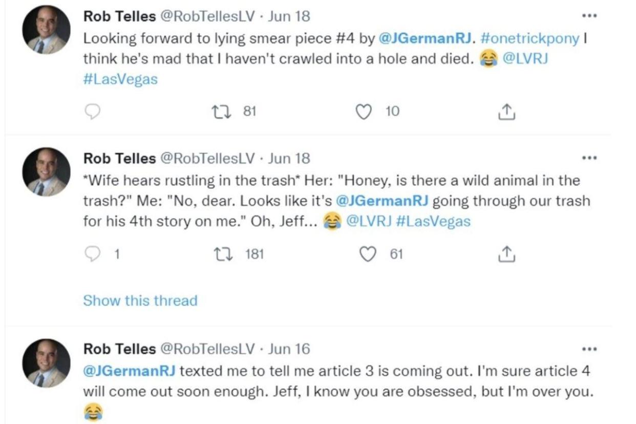 A series of tweets Robert Telles posted in response to Jeff German's reporting.  / Credit: X