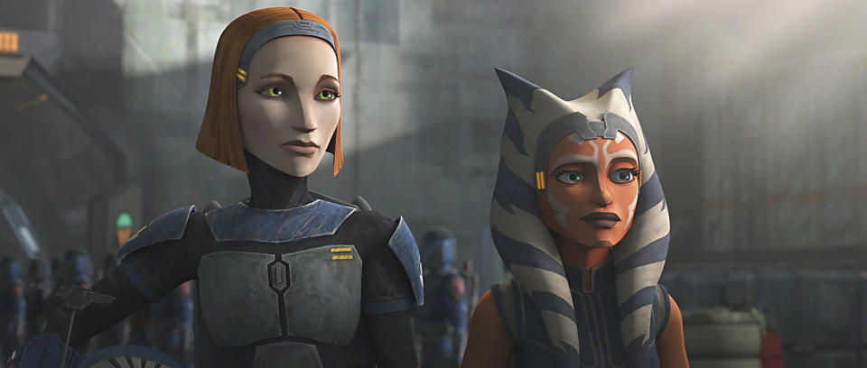 Bo-Katan and Ahsoka Tano stand together on Star Wars Rebels