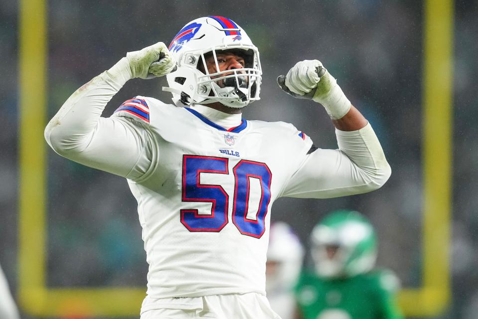 PHILADELPHIA, PENNSYLVANIA - NOVEMBER 26: Greg Rousseau #50 of the Buffalo Bills reacts after a play during the second quarter against the Philadelphia Eagles at Lincoln Financial Field on November 26, 2023 in Philadelphia, Pennsylvania. (Photo by Mitchell Leff/Getty Images)