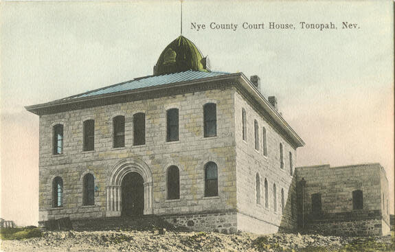 Postcard image featuring the Nye County Court House in Tonopah in the early 1900s. (UNR Special Collections)