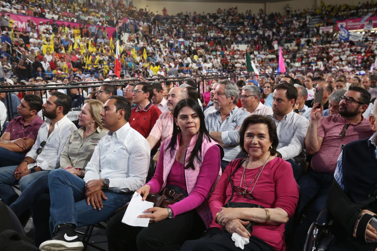 Supporters of Mexican presidential candidate Xochitl Galvez attend a rally in Juárez on Saturday, April 13.