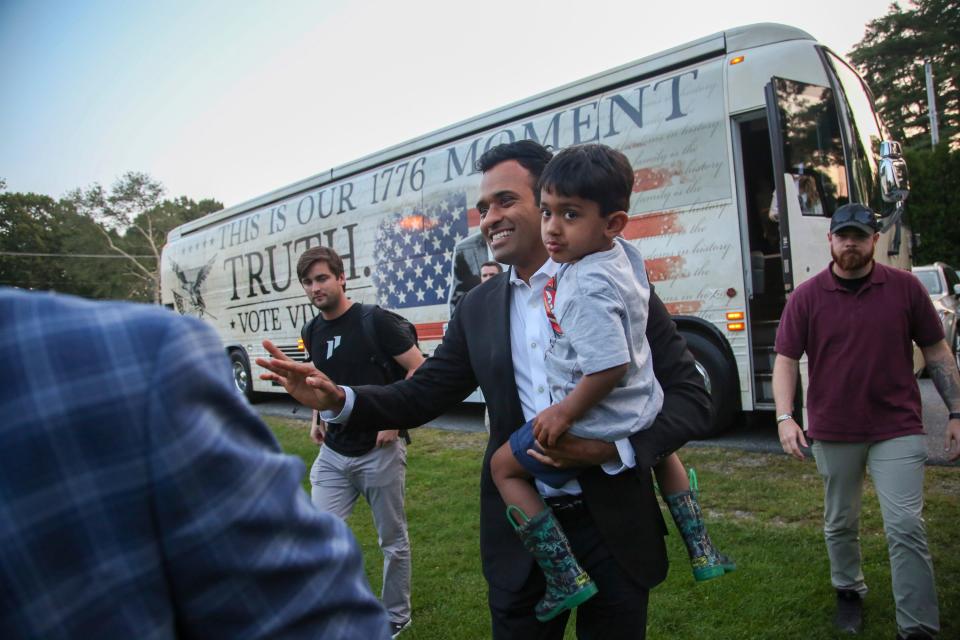 Republican presidential hopeful Vivek Ramaswamy arrives at a campaign stop on Friday, Sept. 1, 2023, in Hampton, N.H. (AP Photo/Reba Saldanha)
