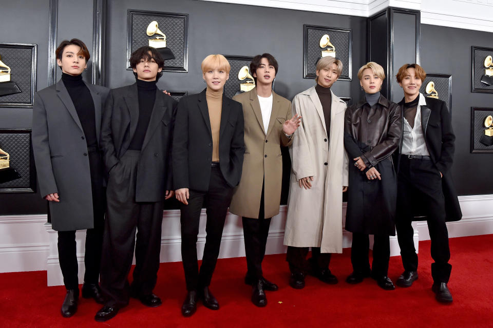 LOS ANGELES, CALIFORNIA - JANUARY 26: (L-R)  Jungkook, V, Suga, Jin,  RM,  Jimin and J-Hope of music group BTS attend the 62nd Annual GRAMMY Awards at Staples Center on January 26, 2020 in Los Angeles, California. (Photo by Axelle/Bauer-Griffin/FilmMagic)