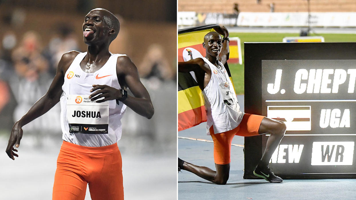 Pictured here, Joshua Cheptegei celebrates after setting a new 10,000m world record.