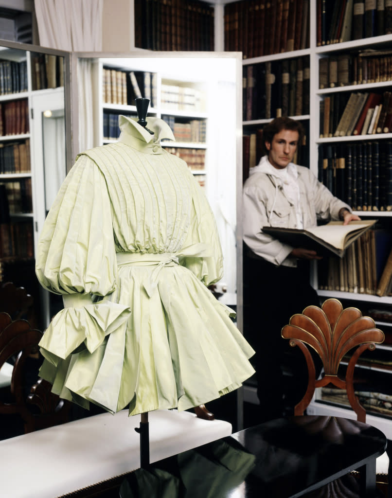 Claude Montana photographed in the Lanvin archives before the Spring 1991 couture shows.