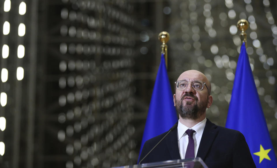 European Council President Charles Michel speaks during a media conference after an EU summit by video conference in Brussels, Thursday, March 26, 2020. Following the informal video conference, members of the European Council adopted a statement on the EU actions in response to the COVID-19 outbreak. The new coronavirus causes mild or moderate symptoms for most people, but for some, especially older adults and people with existing health problems, it can cause more severe illness or death. (Francois Walschaerts, Pool Photo via AP)