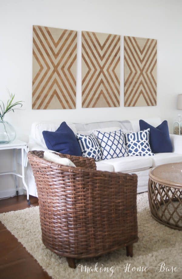 <p>Oversized and ideal to hang over a couch, this geometric wall art can be made using plywood and spray paint. It’s just the contemporary accent a living room needs. </p><p><strong>Get the tutorial at <a href="https://www.makinghomebase.com/diy-oversized-wall-art/" rel="nofollow noopener" target="_blank" data-ylk="slk:Making Home Base;elm:context_link;itc:0;sec:content-canvas" class="link ">Making Home Base</a>.</strong></p><p><a class="link " href="https://www.amazon.com/3M-9019-General-Sandpaper-Assorted/dp/B00004Z47W/?tag=syn-yahoo-20&ascsubtag=%5Bartid%7C10050.g.31153820%5Bsrc%7Cyahoo-us" rel="nofollow noopener" target="_blank" data-ylk="slk:SHOP SANDPAPER;elm:context_link;itc:0;sec:content-canvas">SHOP SANDPAPER</a></p>