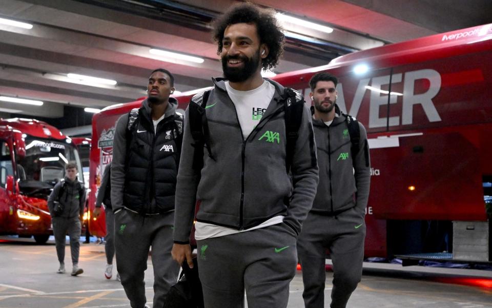 Mohamed Salah of Liverpool arriving before the Premier League match between Manchester City and Liverpool FC