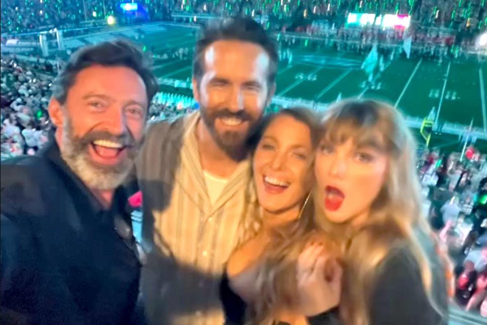 <p>Hugh Jackman/Instagram</p> From L: Hugh Jackman, Ryan Reynolds, Blake Lively and Taylor Swift