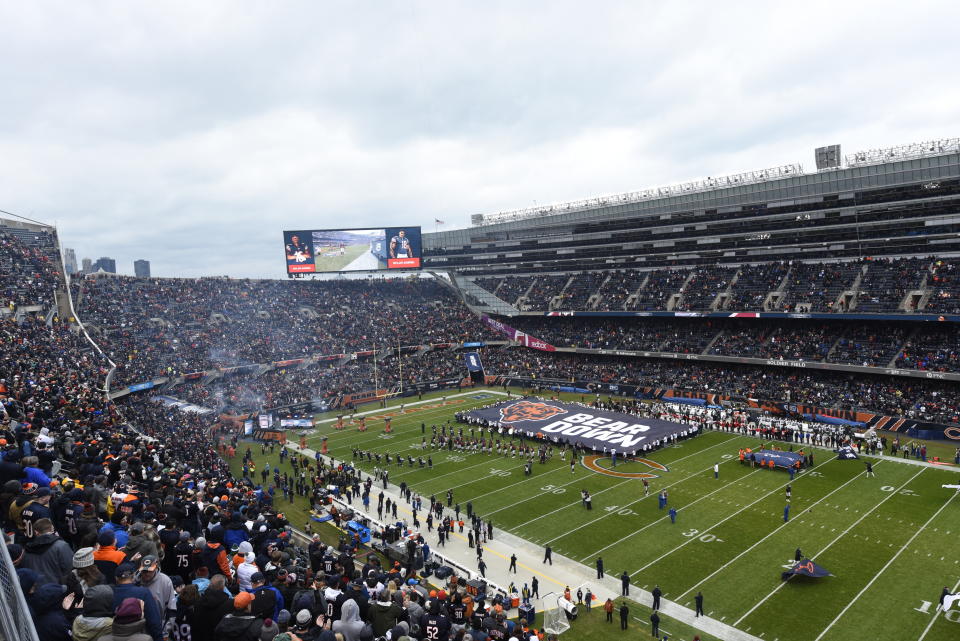 FILE - In this Oct. 28, 2018, file photo, fans wait before an NFL football game between the Chicago Bears and New York Jets at Soldier Field in Chicago. The Chicago Bears announced the signing Wednesday, Sept. 29, 2021, of an agreement to purchase Arlington Park racetrack in Arlington Heights, the latest step toward a move from their longtime home, Soldier Field in Chicago. (AP Photo/Matt Marton, File)