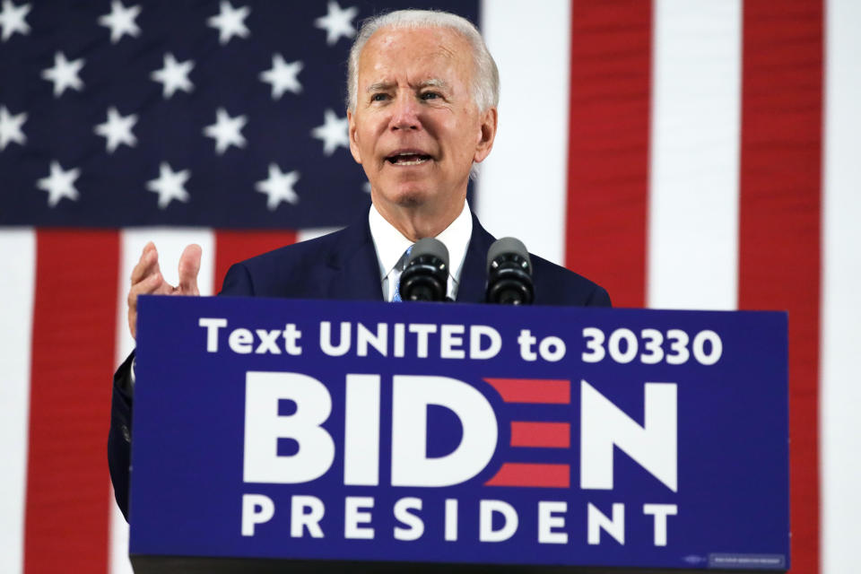 WILMINGTON, DELAWARE - JUNE 30:   Democratic presidential candidate former Vice President Joe Biden speaks during a campaign event June 30, 2020 at Alexis I. Dupont High School in Wilmington, Delaware. Biden discussed the Trump Administration’s handling of the COVID-19 pandemic.  (Photo by Alex Wong/Getty Images)