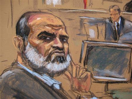 Suleiman Abu Ghaith listens during his trial on terrorism charges in federal court in New York in this March 24, 2014 court sketch. REUTERS/Jane Rosenberg