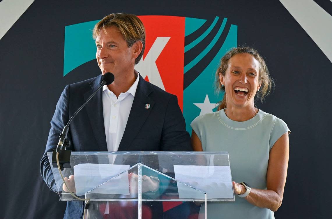 Kansas City Current co-owners Chris Long and Angie Long were all smiles in June, 2023, during a ceremony where the final beam was hoisted into place at the new KC Current stadium that was under construction. Tammy Ljungblad/tljungblad@kcstar.com