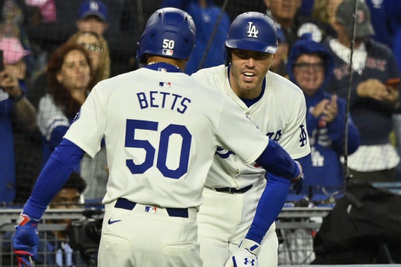 Los Angeles Dodgers infielders Mookie Betts and Freddie Freeman reached base four times in a win over the Arizona Diamondbacks on Monday in Phoenix. File Photo by Jim Ruymen/UPI