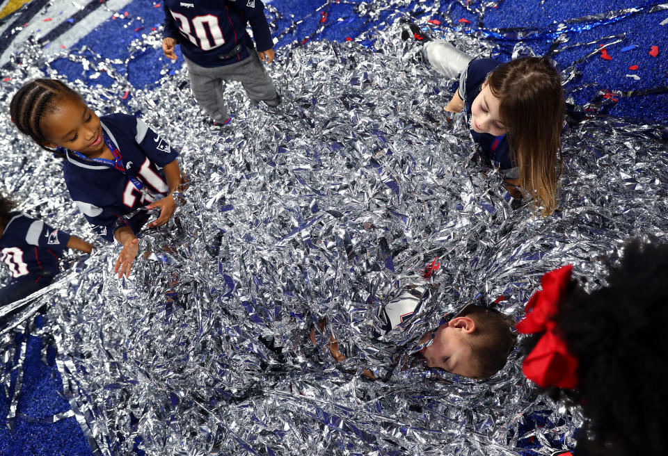 <p>Children of Patriots players play in the confetti after the New England Patriots 13-3 win over the Los Angeles Rams during Super Bowl LIII at Mercedes-Benz Stadium on February 03, 2019 in Atlanta, Georgia. (Photo by Maddie Meyer/Getty Images) </p>