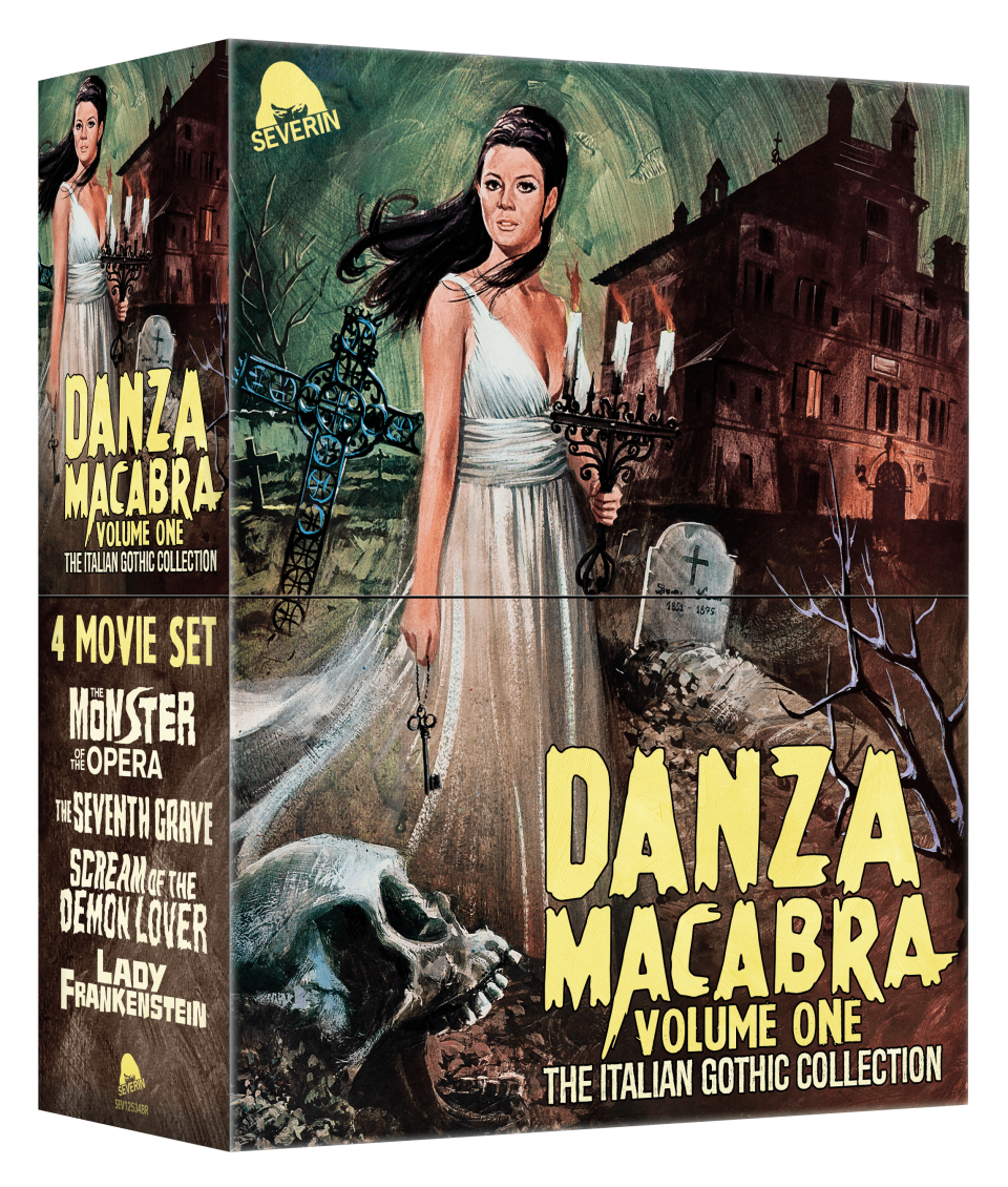 The cover of Severin Films' Danza Macabra volume one Blu-ray set shows art of a woman in a negligee holding a candelabra in a crypt with a castle in the background. 