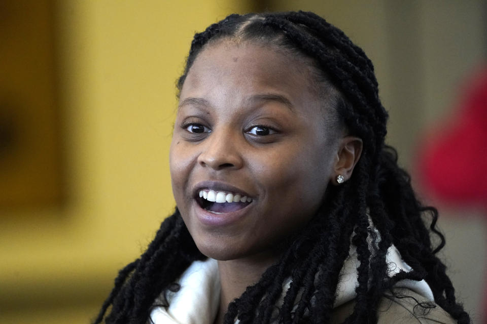 Activist Bella BAHHS addresses reporters in the lobby of the Leighton Criminal Courthouse on behalf of actor Jussie Smollett Wednesday, Dec. 1, 2021, in Chicago. (AP Photo/Charles Rex Arbogast)