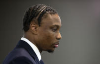 Former Raiders wide receiver Henry Ruggs III appears in court during sentencing at the Regional Justice Center Wednesday, Aug. 9, 2023, in Las Vegas. Ruggs entered a guilty plea in May to a felony count of DUI resulting in death relating to the accident that killed Tina Tintor and her dog on Nov. 2, 2021. (Steve Marcus/Las Vegas Sun via AP)