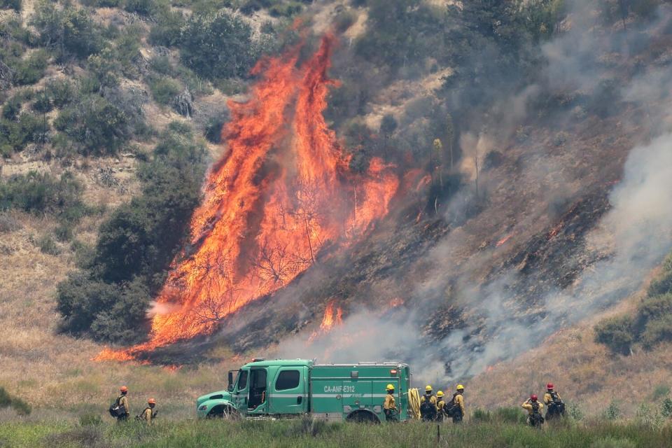 Flames consume a hillside. Firefighters stand at the bottom of the hill.