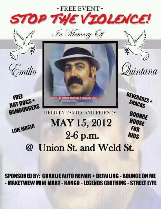 An advertisement for the unveiling of a mural of Emilio Quintana at the corner of Weld and North Union streets in 2012, 11 years after his death. Quintana owned a bodega at that corner and was killed in a robbery attempt May 15, 1991.