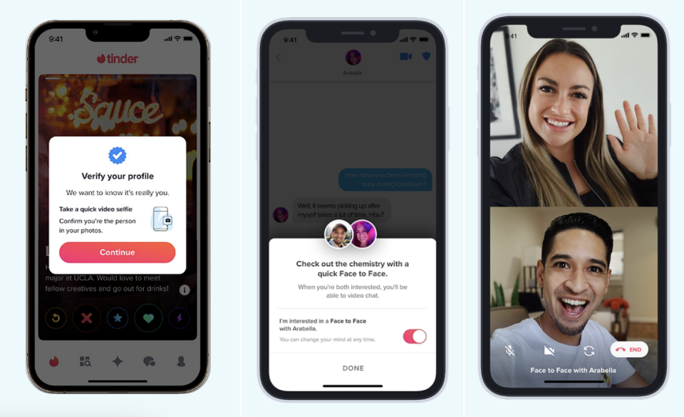 Screen grab of Tinder's video selfie pop up notification (left) and video chat feature (middle and right) (Photos: Tinder)