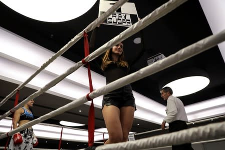 Miriam Gutierrez "La Reina", 36, prepares to fight Bianka Nagy during a boxing match in Barcelona