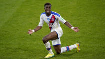 Crystal Palace's Wilfried Zaha reacts during the English Premier League soccer match between Bournemouth and Crystal Palace at Vitality Stadium in Bournemouth, England, Saturday, June 20, 2020. (AP Photo/Will Oliver,Pool)