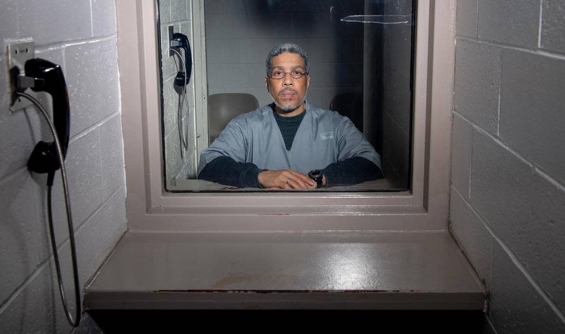 Leonard Taylor, a prisoner on Missouri’s death row, poses for a photo at the Potosi Correctional Center on Wednesday, Jan. 18, 2023, in Mineral Point, Mo. Taylor says he was in California when his girlfriend and her three children were killed in 2004 near St. Louis.