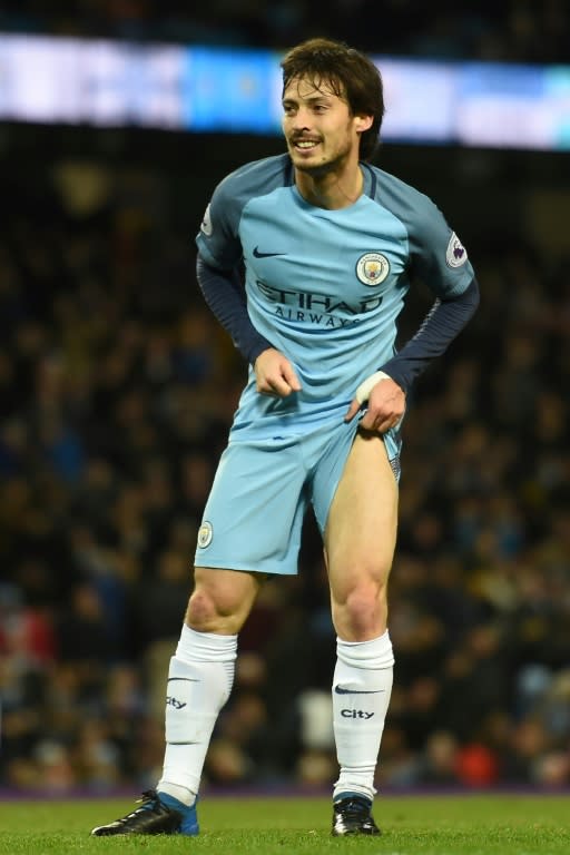 Manchester City's midfielder David Silva reacts after missing a chance during the English Premier League football match between Manchester City and Stoke City at the Etihad Stadium in Manchester, north west England, on March 8, 2017