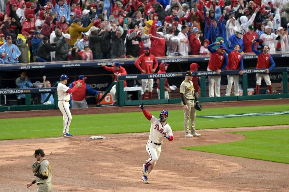Game 5: The Phillies' Bryce Harper trots around the bases after his go-ahead two-run home run in the eighth inning against the Padres at Citizens Bank Park in Philadelphia.